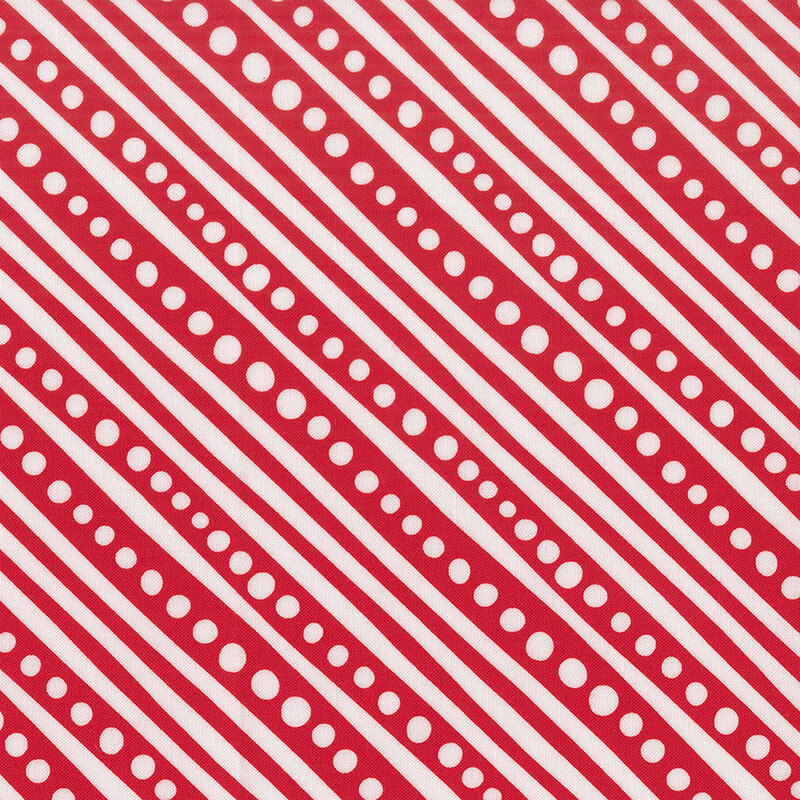 Cherry red fabric featuring diagonal white stripes and dots.