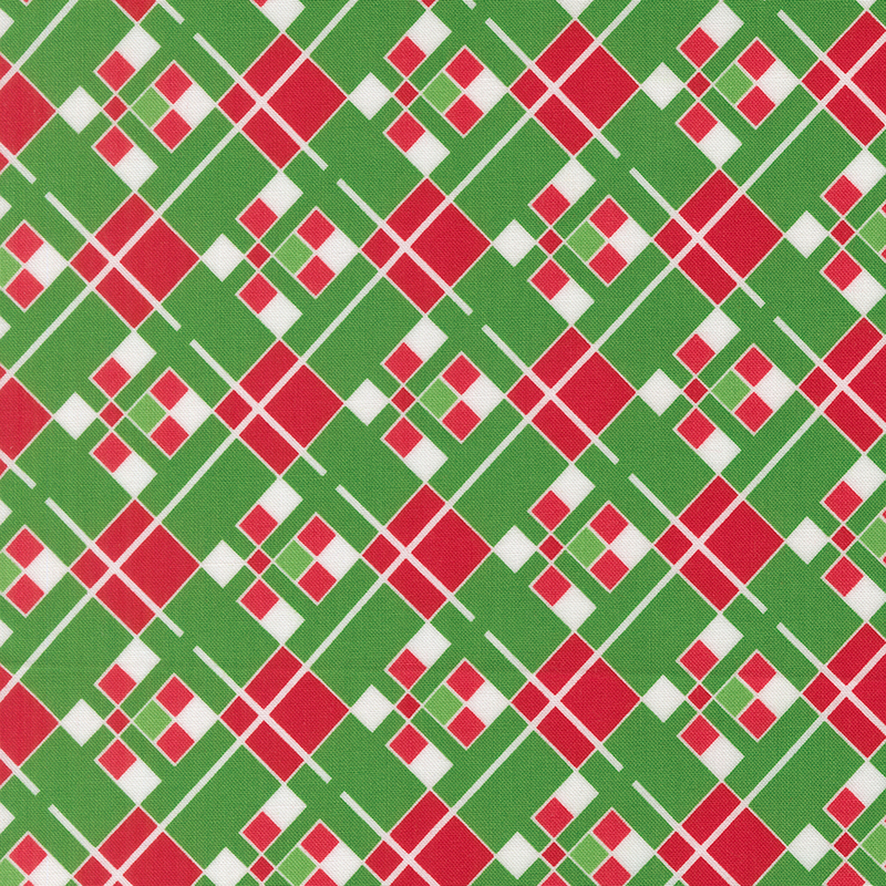Geometric squares design of red and white on a kelly green background.