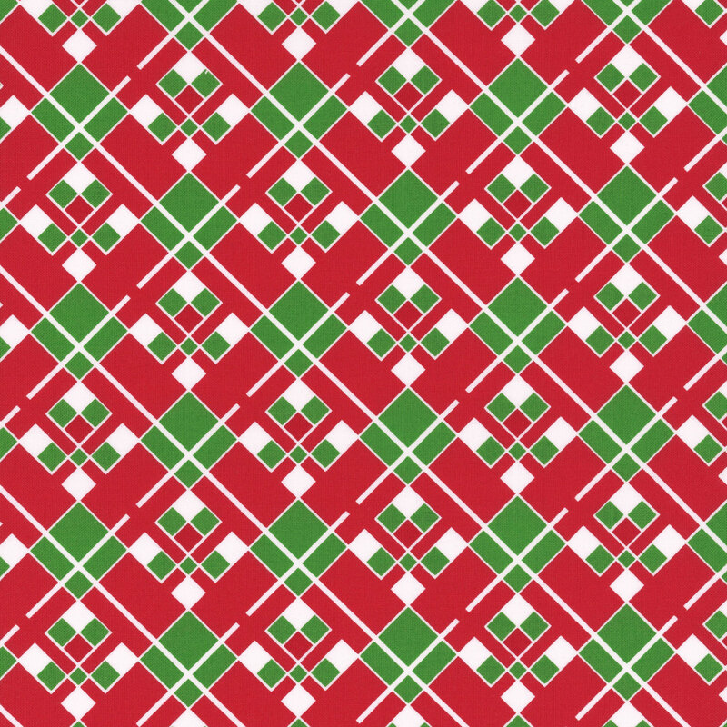 Geometric squares design of green and white on a cherry red background.