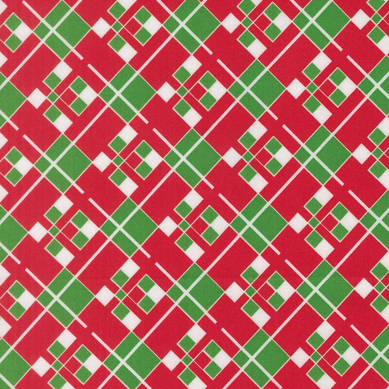 Geometric squares design of green and white on a cherry red background.