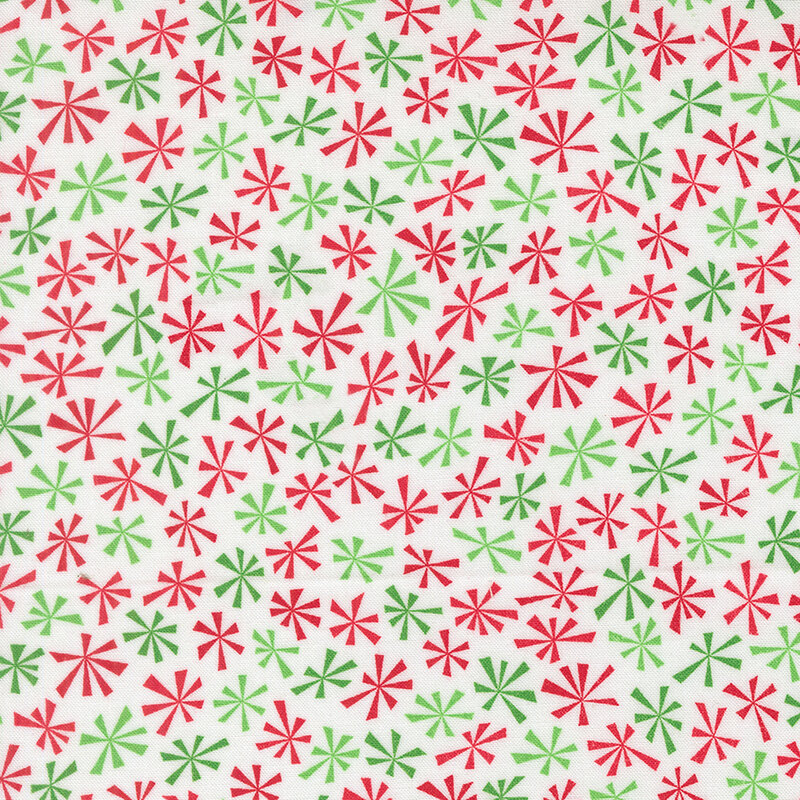 Stylized red and green snowflakes on a winter white background.