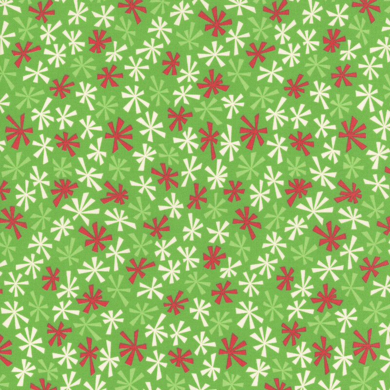 Stylized red, light green, and white snowflakes on a kelly green background.