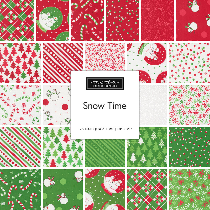 A collage of fabrics included in the Snow Time collection with red, white, and green fabrics featuring a Christmas theme.