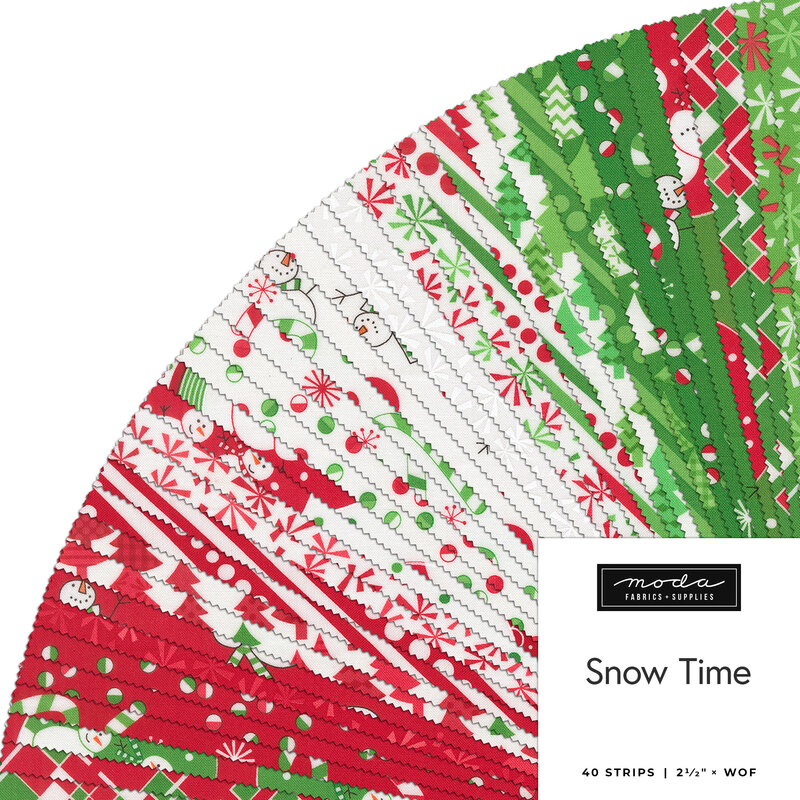 A collage of fabric strips in red, white, and green featuring a Christmas theme in a circular display, labeled Snow Time from Moda Fabrics.