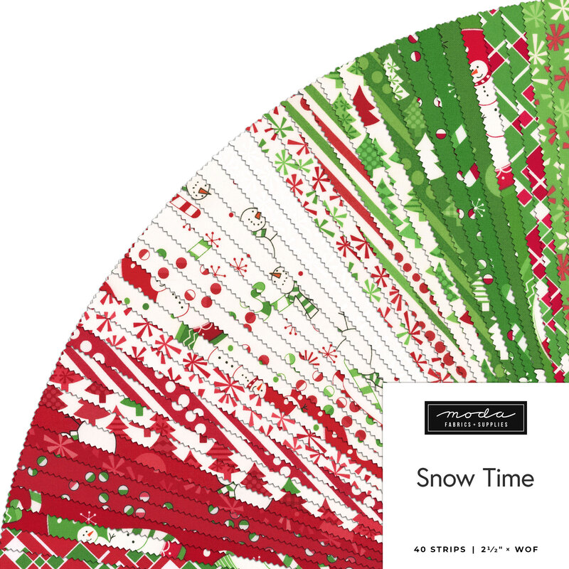 A collage of fabric strips in red, white, and green featuring a Christmas theme in a fan display, labeled Snow Time from Moda Fabrics.