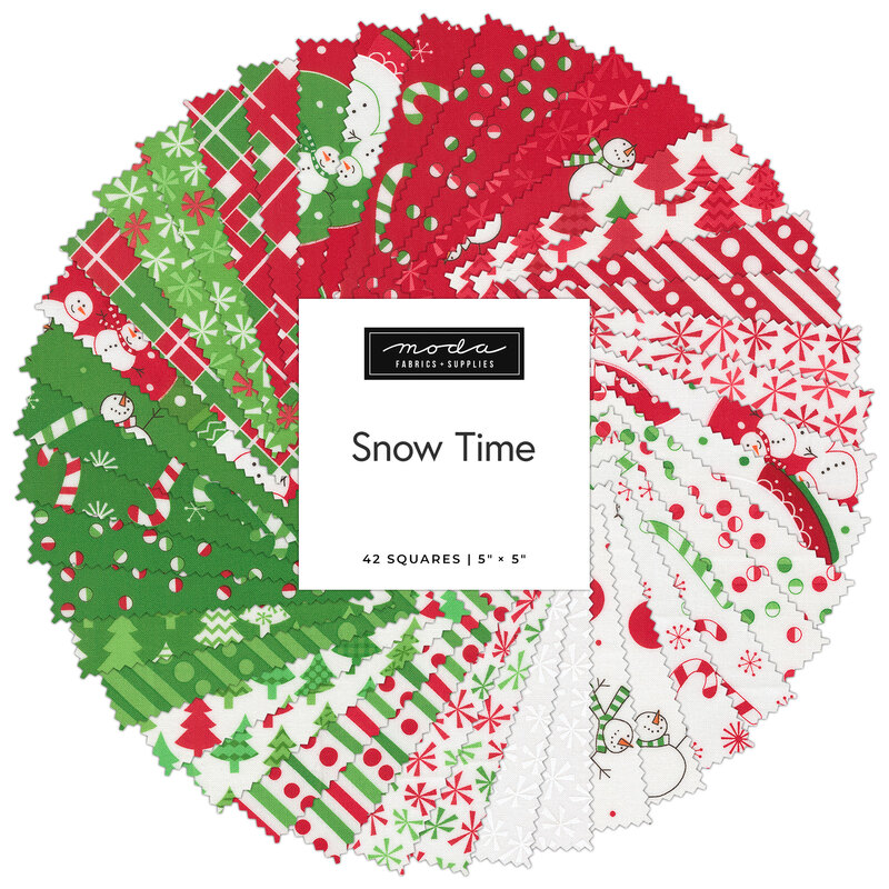A collage of fabric swatches in red, white, and green with a Christmas theme arranged in a circular pattern, labeled Snow Time from Moda Fabrics.