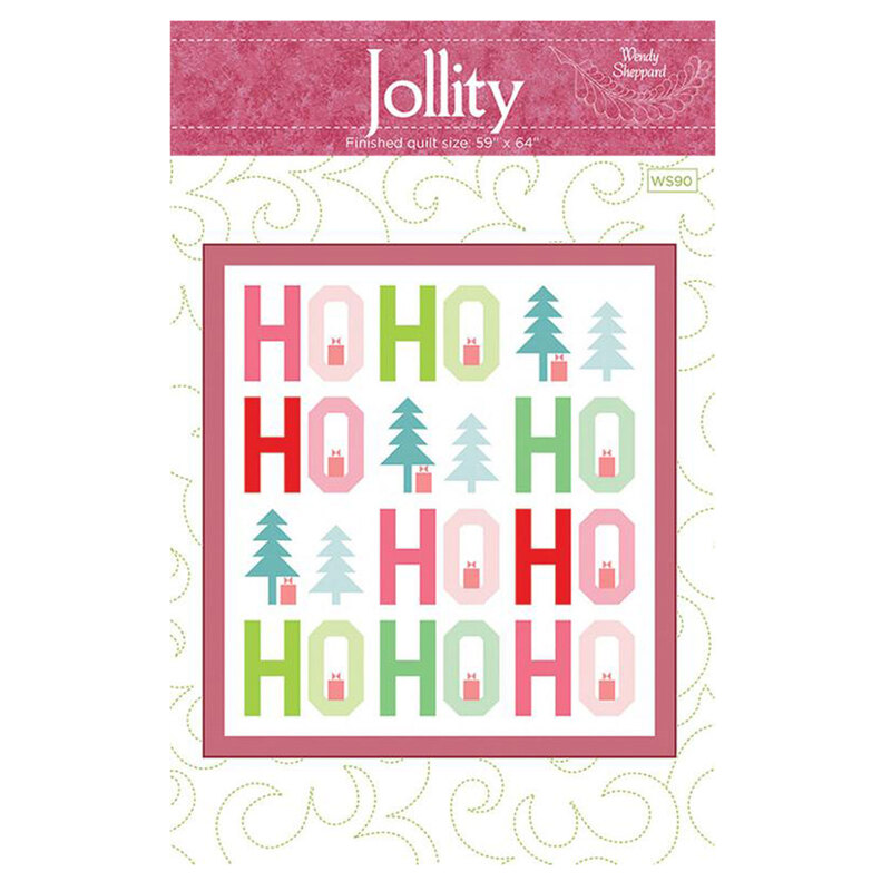 The front of the Jollity Quilt Pattern featuring a pattern of large letters, trees, and gifts.
