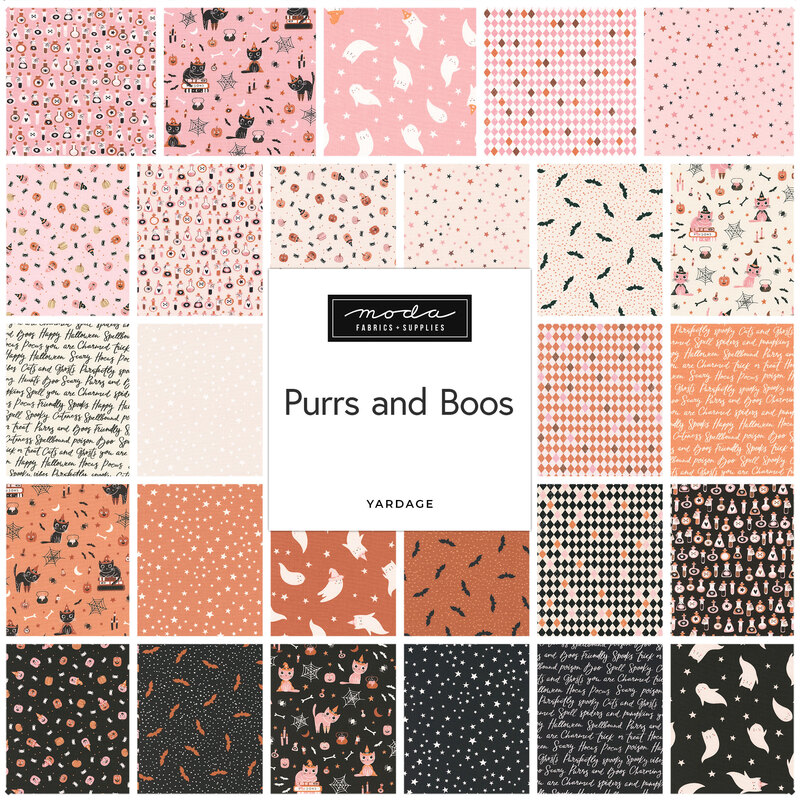 A grid collage of the Halloween fabrics included in the Purrs and Boo fabric collection.