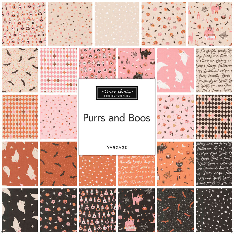 A grid collage of the Halloween fabrics included in the Purrs and Boo fabric collection.