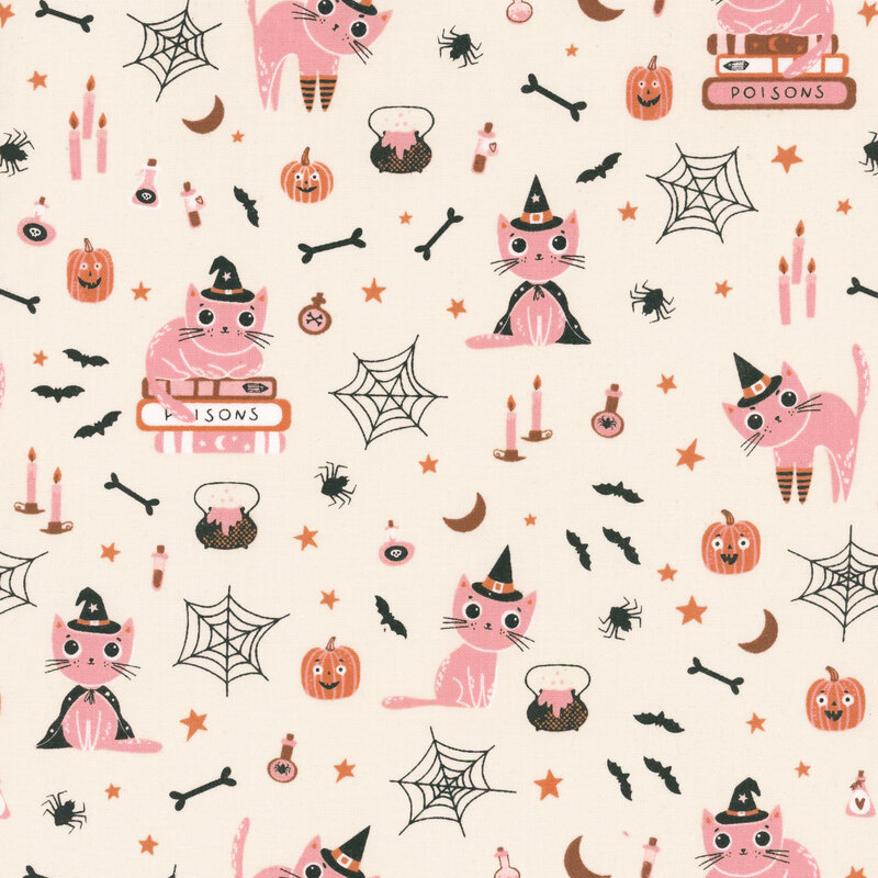 Cream fabric with witchy cats, smiling pumpkins, scattered stars, and various other Halloween motifs.