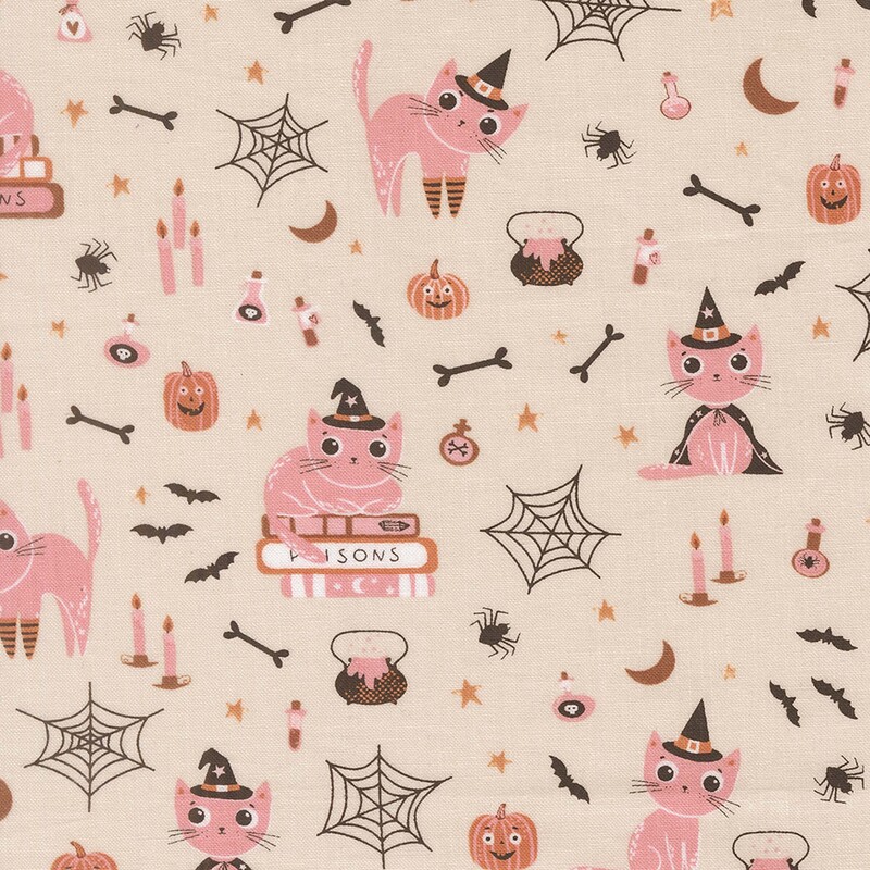 Cream fabric with witchy cats, smiling pumpkins, scattered stars, and various other Halloween motifs.