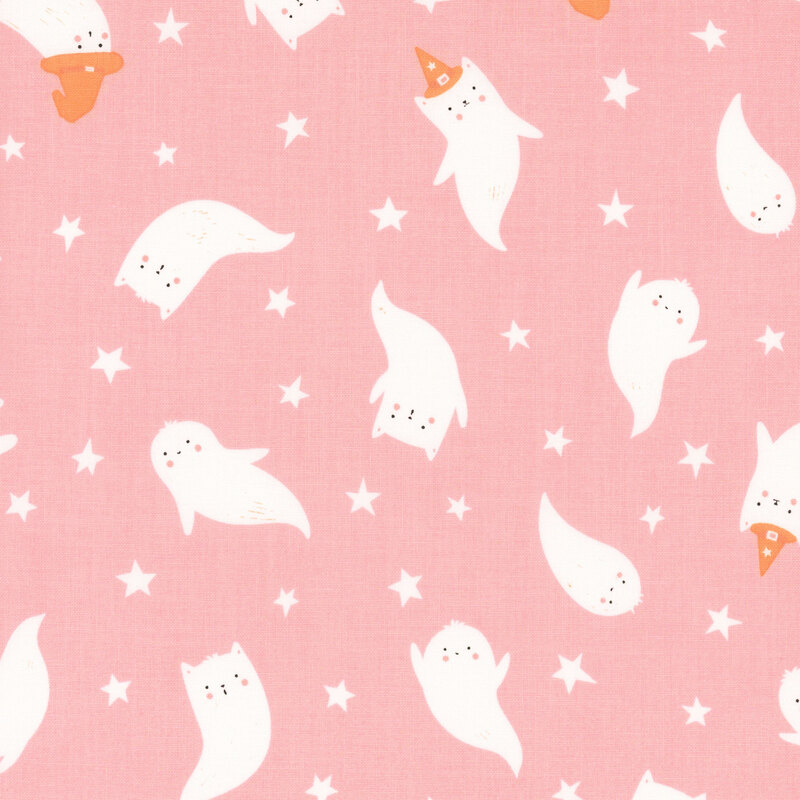 Cheery pink fabric with tossed white stars and cute cat ghosts.