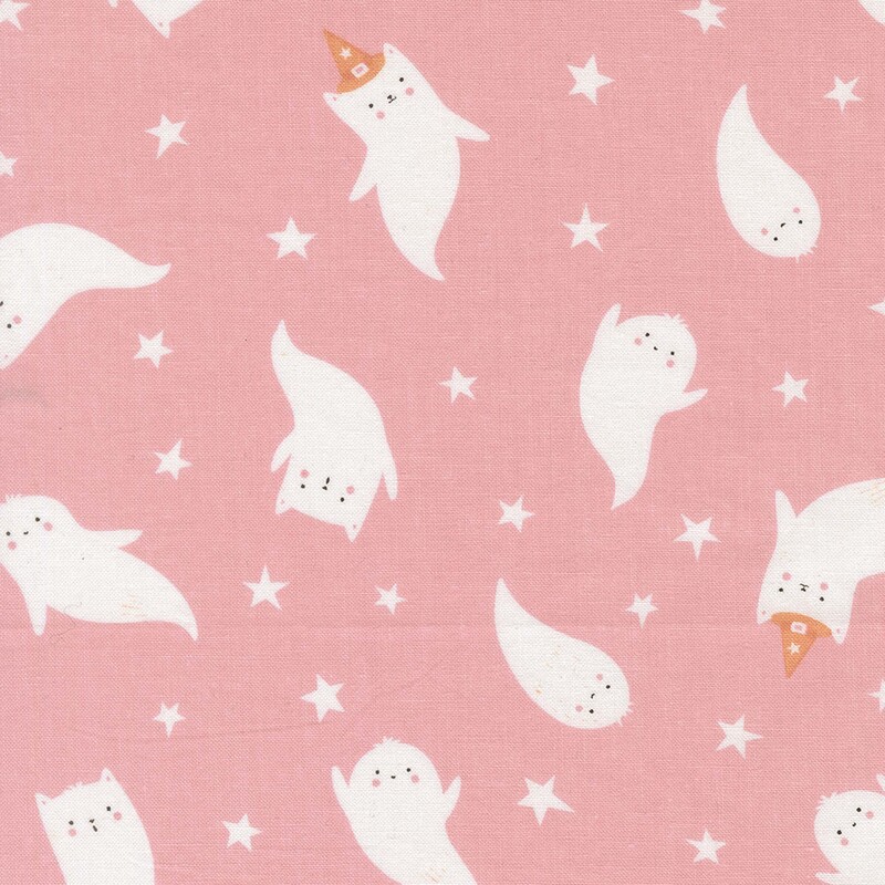 Cheery pink fabric with tossed white stars and cute cat ghosts.