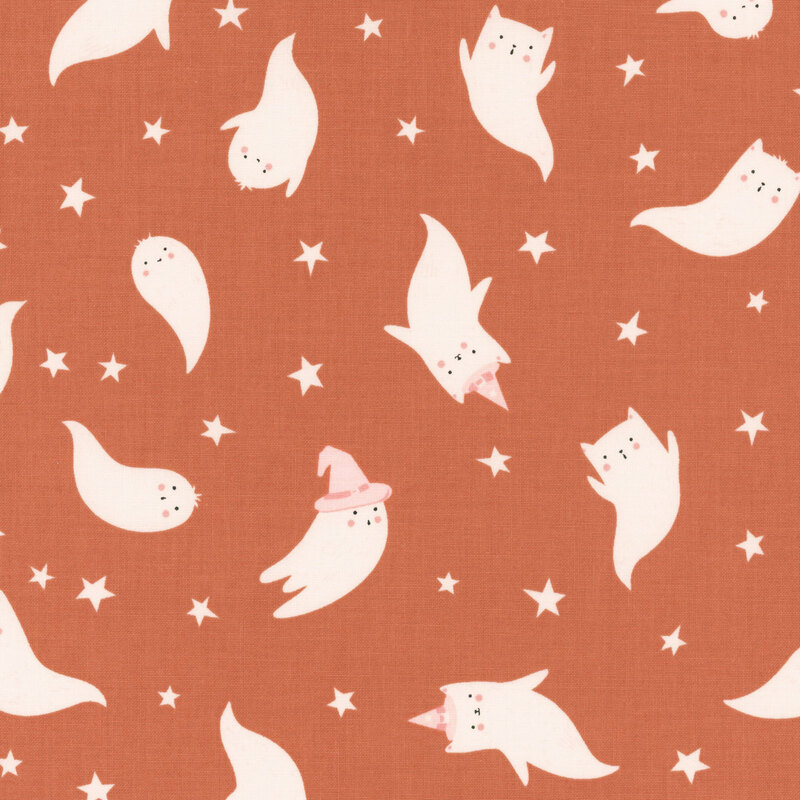 Orange fabric with tossed white stars and cute cat ghosts.
