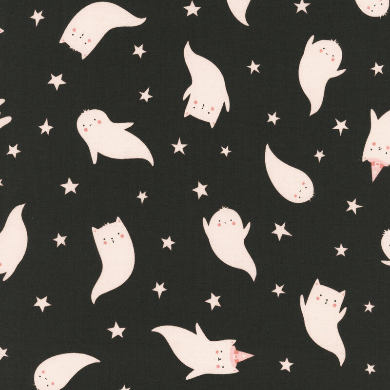 Black fabric with tossed white stars and cute cat ghosts.