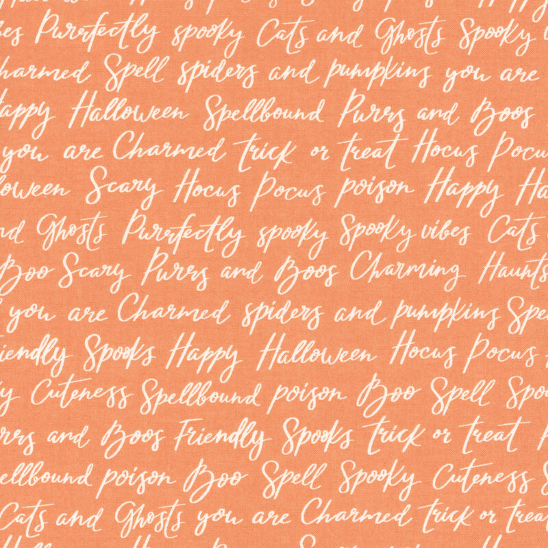 Orange fabric with rows of Halloween-themed words and phrases in cursive script.