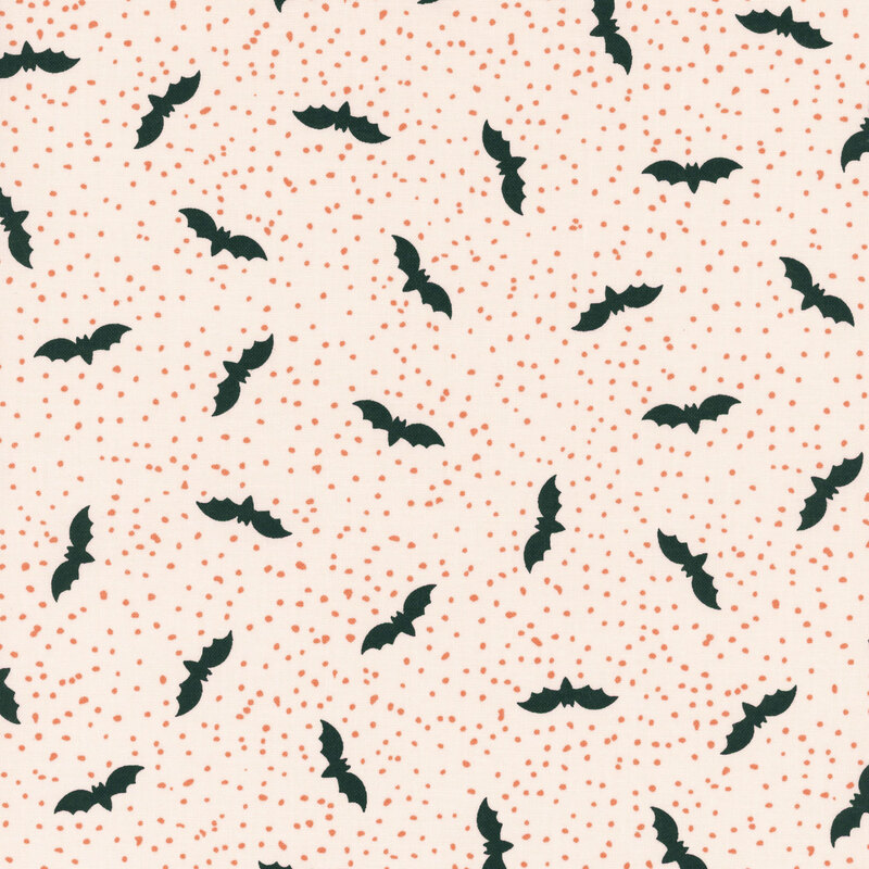 Cream fabric with tiny scattered orange dots and flying bats.