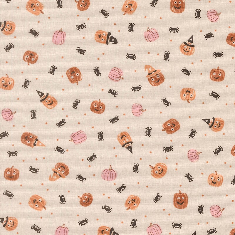 Off-white fabric with tossed pinprick dots, pumpkins, and spiders.