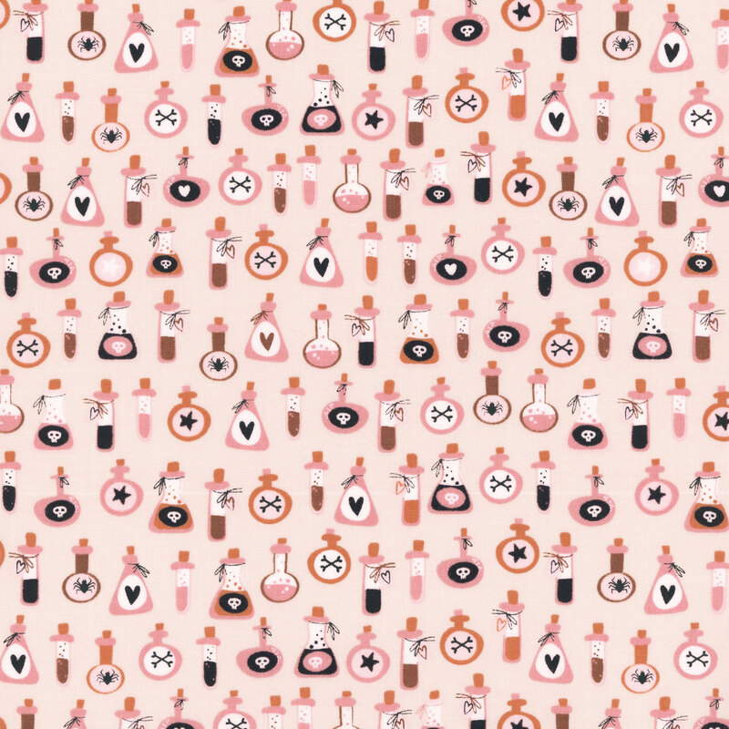 Off-white fabric with various bottles of potions and poisons.