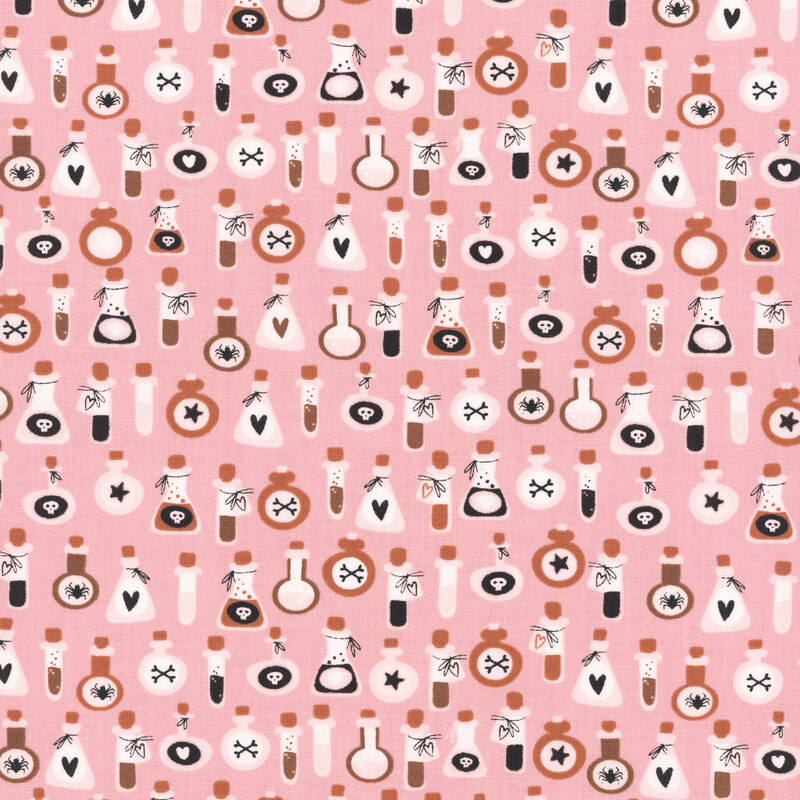 Pink fabric with various bottles of potions and poisons.