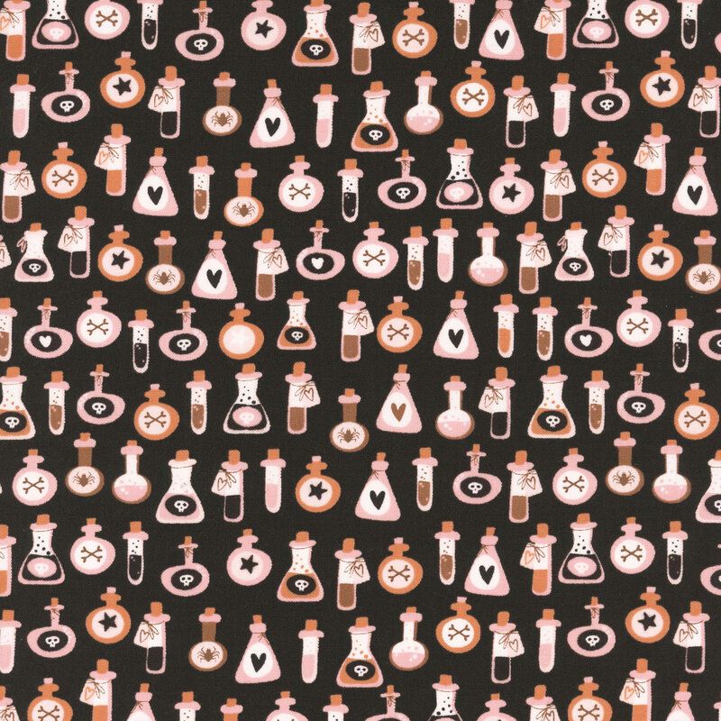 Black fabric with various bottles of potions and poisons.