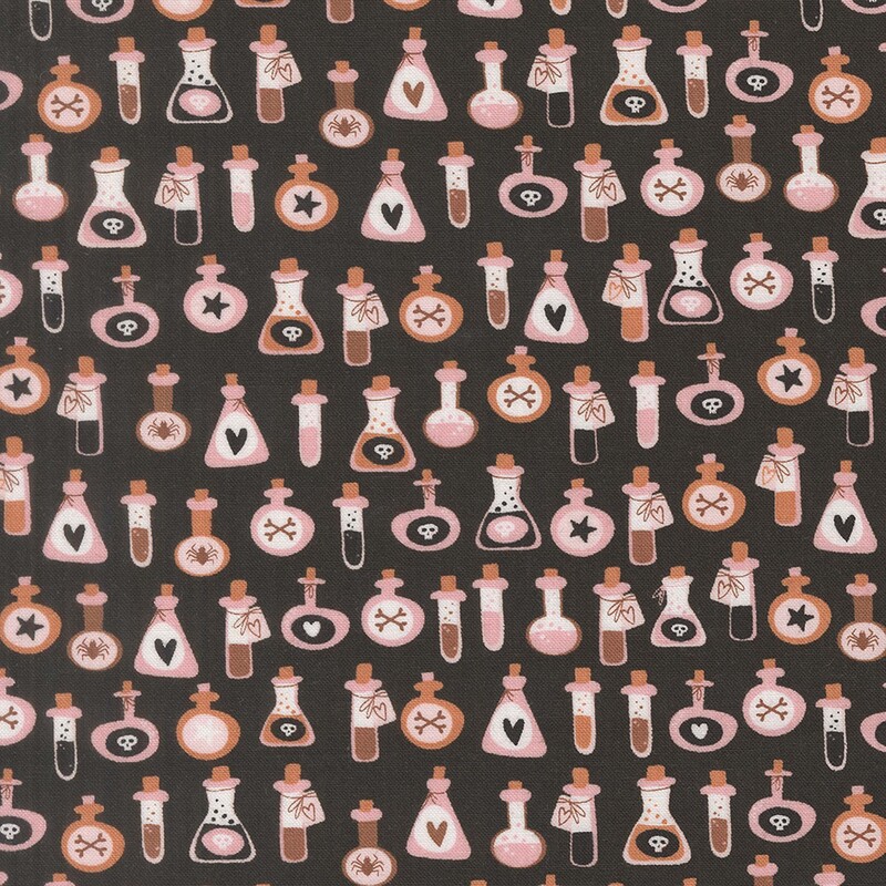 Black fabric with various bottles of potions and poisons.