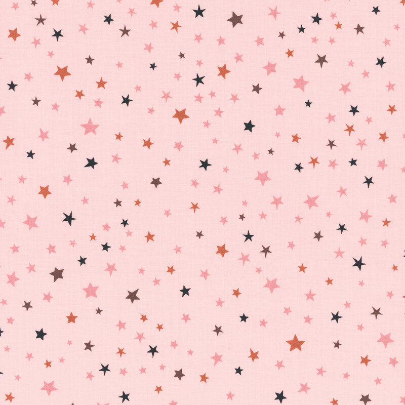 Pink fabric with scattered, multicolor stars.