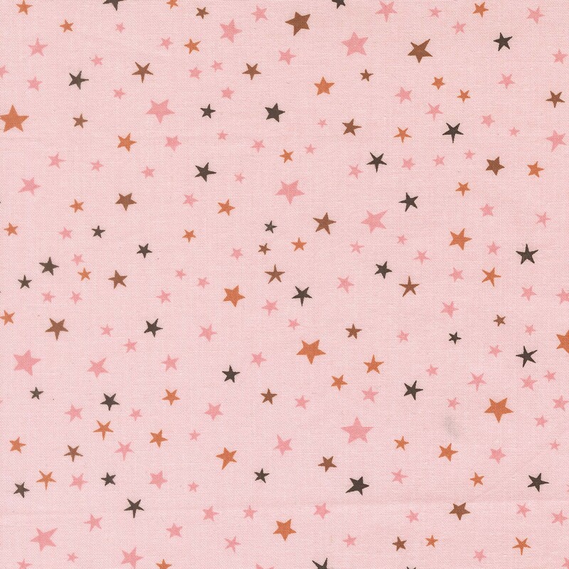 Pink fabric with scattered, multicolor stars.