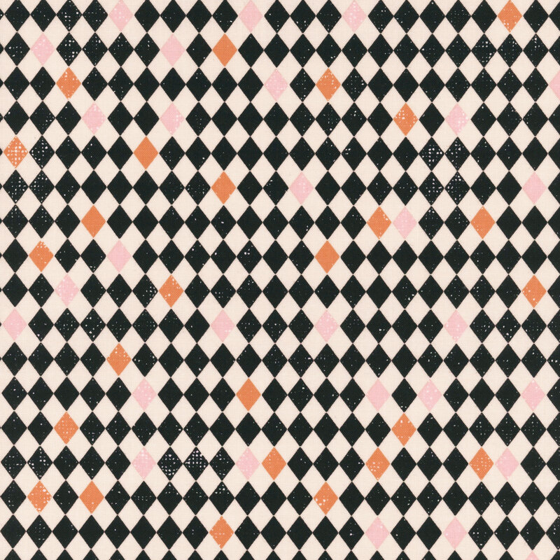 Black and off-white diamond-checkered fabric with scattered orange and pink tiles.
