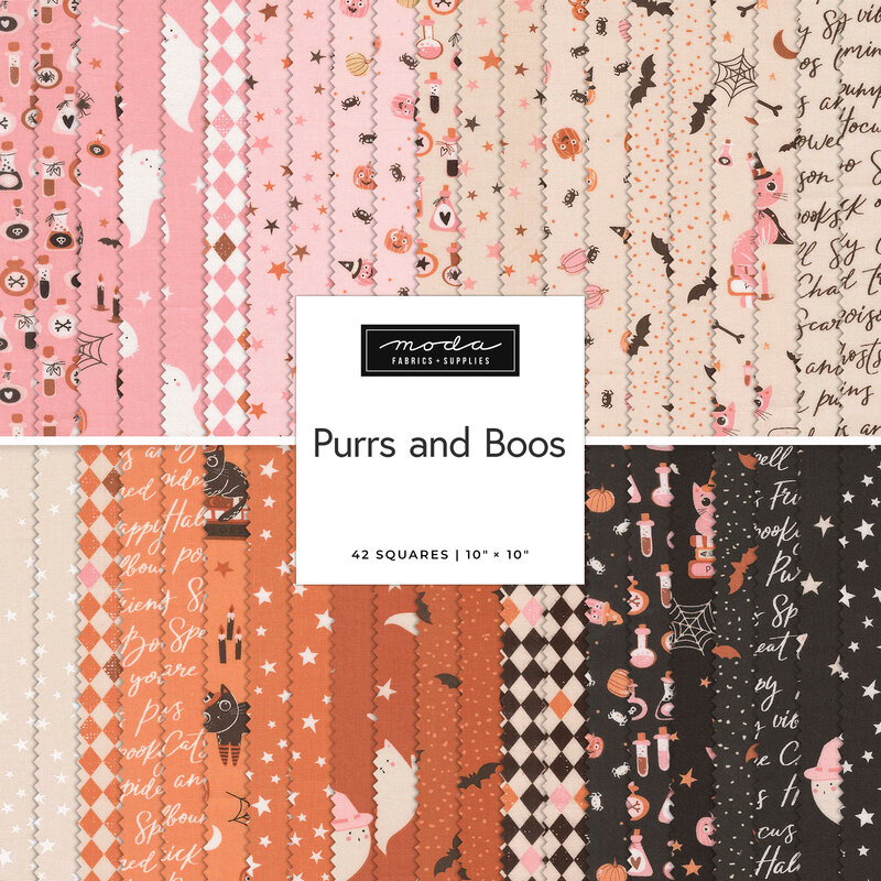 A stacked collage of the Halloween fabrics included in the Purrs and Boo Layer Cake.