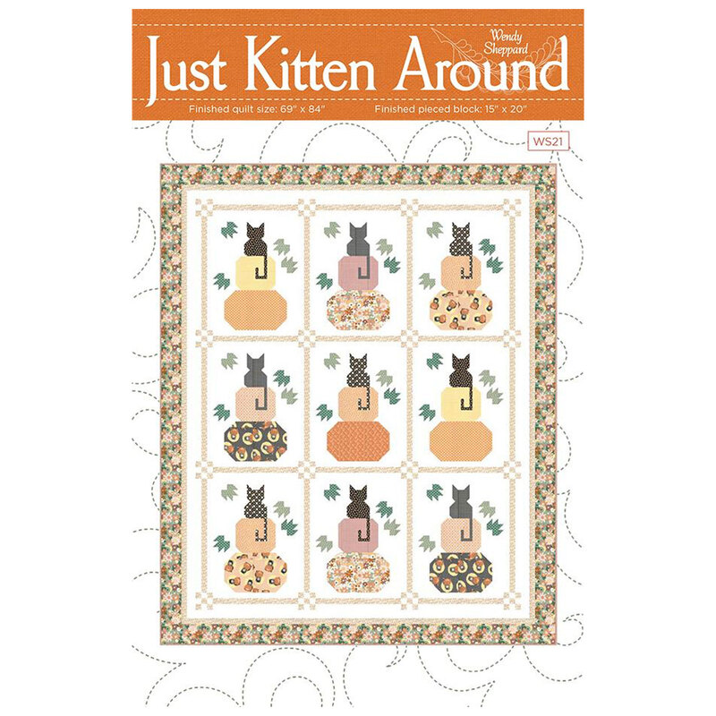 The front of the Just Kitten Around quilt pattern, showcasing a digital image of the completed quilt on a white, topstitched background.