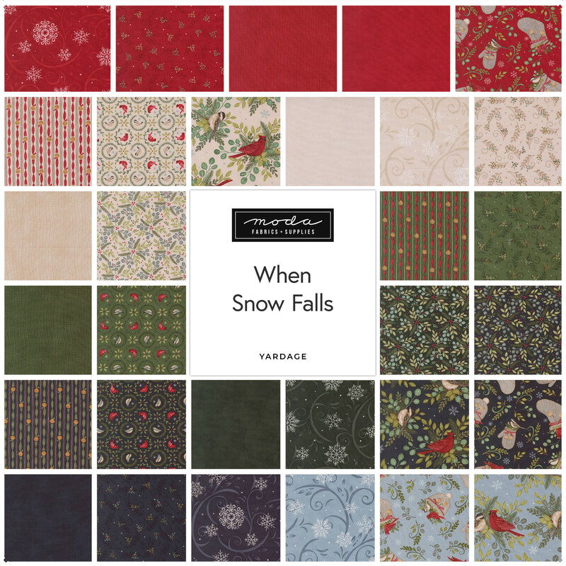 Collage of fabrics in the collection in navy, ice blue, red, cream, and green featuring birds, snowflakes and leaves