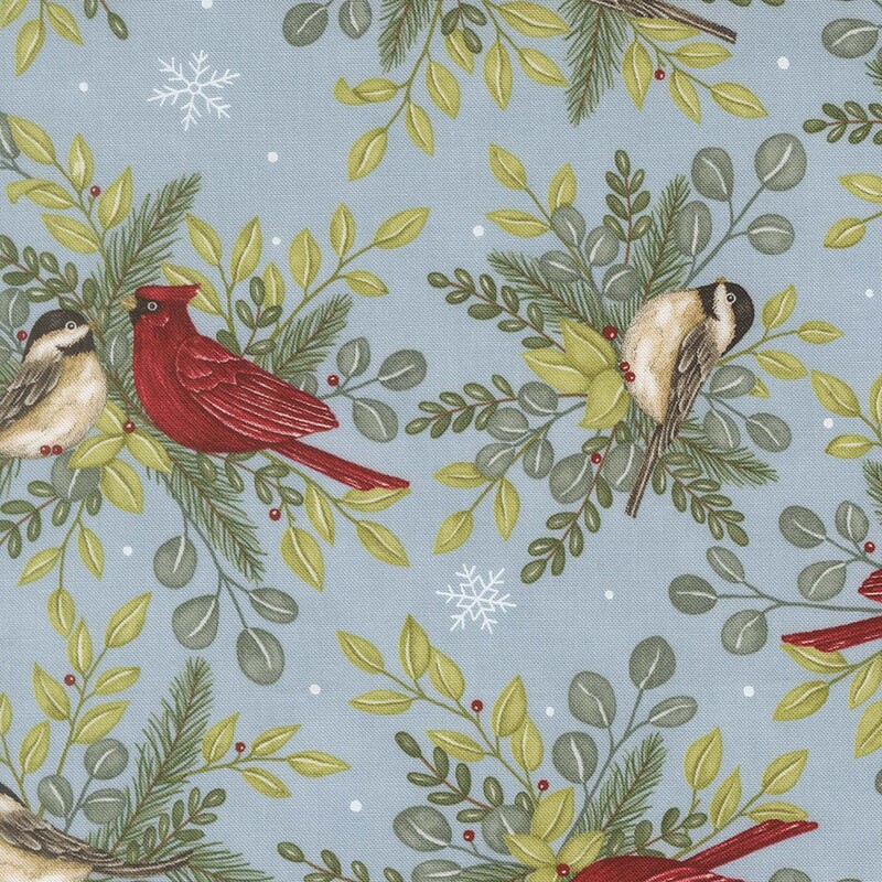 Finches and cardinals perched on bundles of green leaves on a sky blue background