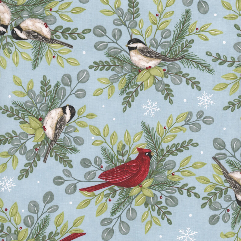 Finches and cardinals perched on bundles of green leaves on a sky blue background