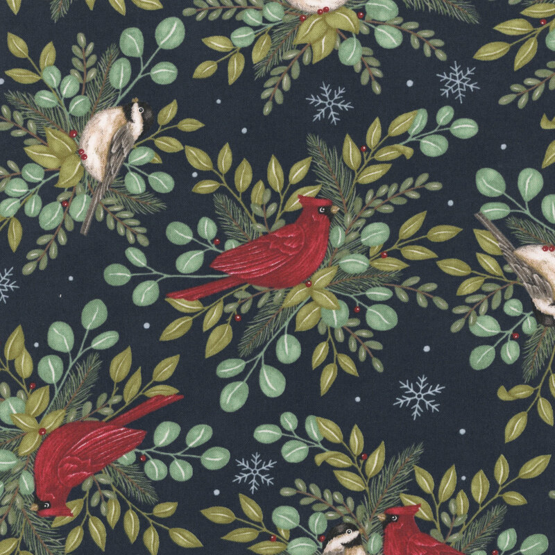 Finches and cardinals perched on bundles of green leaves on a midnight blue background