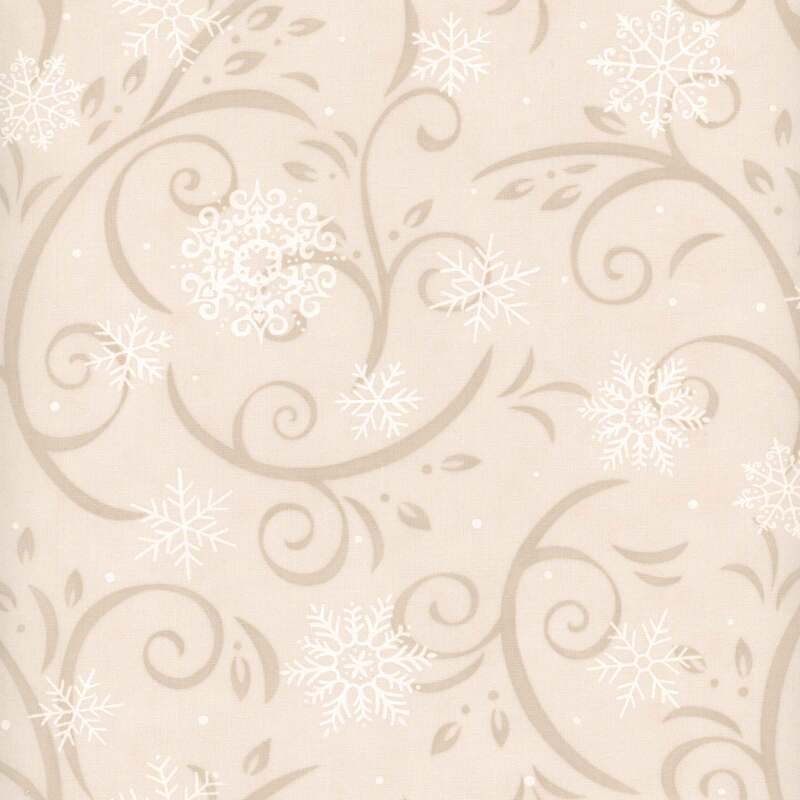 Light beige fabric with white snowflakes and swirling floral patterns.