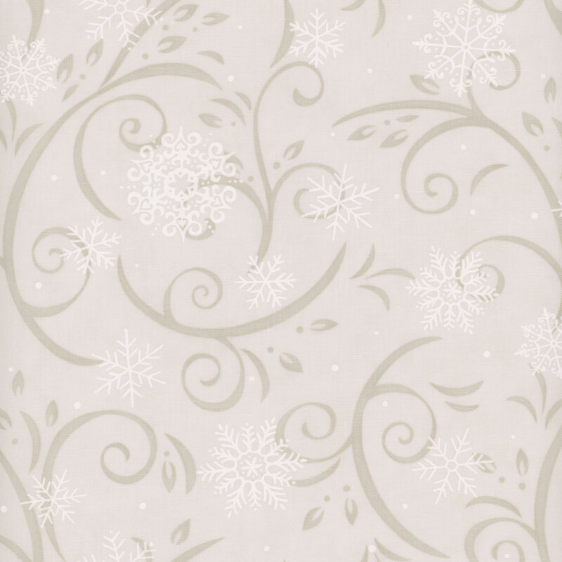 Beige fabric with tan flourishes and white snowflakes