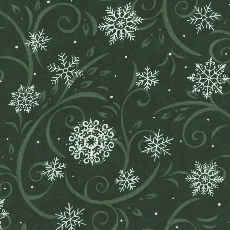 Spruce fabric with muted green flourishes and white snowflakes