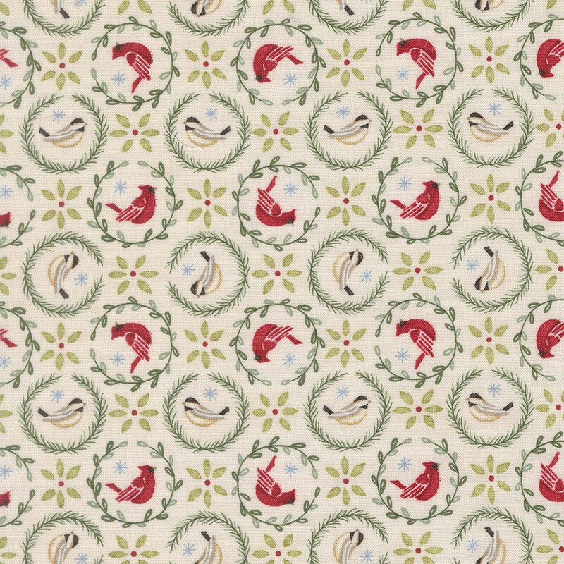Beige fabric with cardinals and finches surrounded by leaf-garlands and star shaped leaves in between
