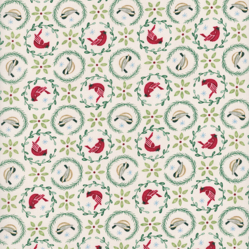 Beige fabric with cardinals and finches surrounded by leaf-garlands and star shaped leaves in between