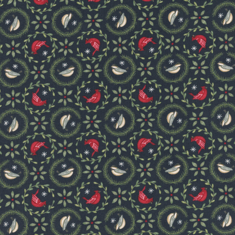 Dark navy blue fabric with cardinals and finches surrounded by leaf-garlands and star shaped leaves in between
