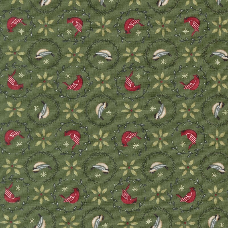 Moss green fabric with cardinals and finches surrounded by leaf-garlands and star shaped leaves in between