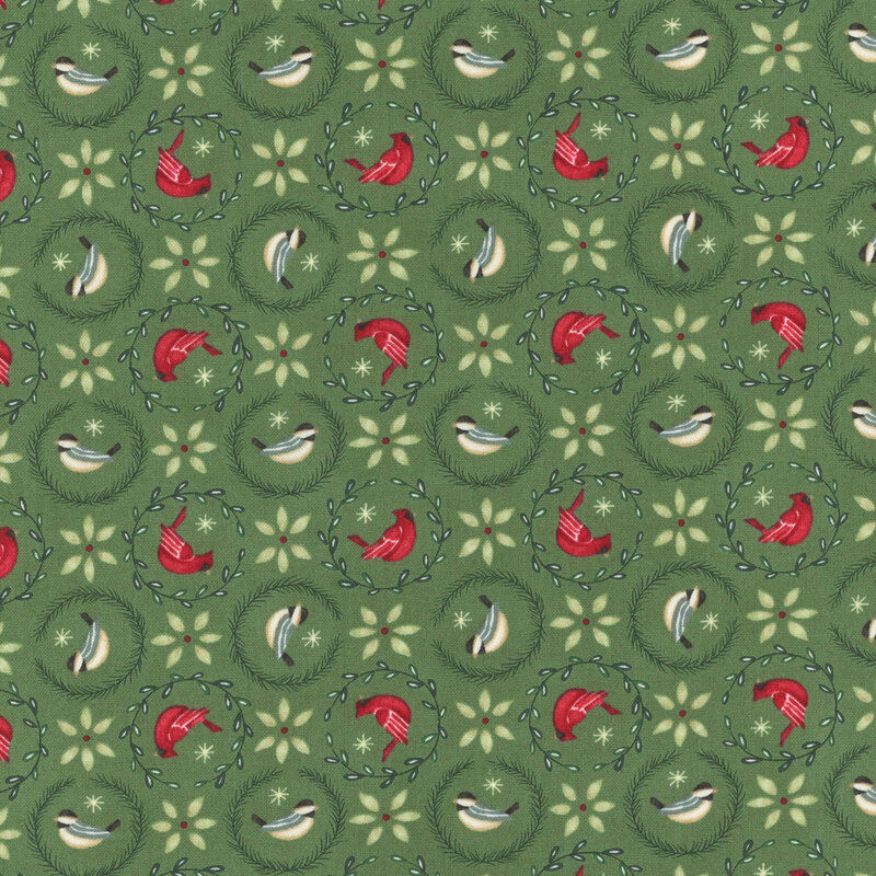 Moss green fabric with cardinals and finches surrounded by leaf-garlands and star shaped leaves in between