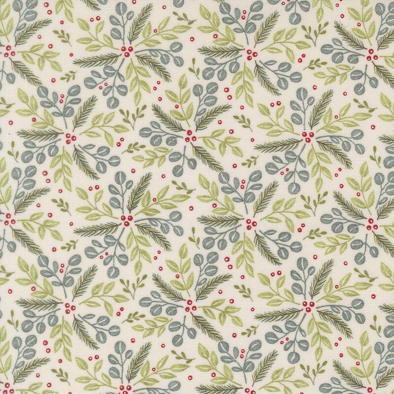 Beige fabric with red holly berries surrounded by green bursts of leaves and evergreen fronds