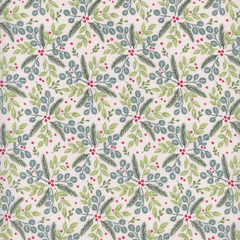 Beige fabric with red holly berries surrounded by green bursts of leaves and evergreen fronds
