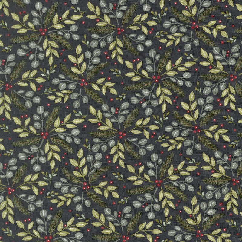 Midnight blue fabric with red holly berries surrounded by green bursts of leaves and evergreen fronds