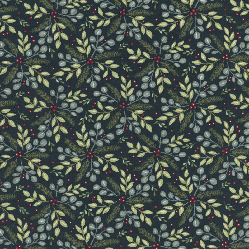 Midnight blue fabric with red holly berries surrounded by green bursts of leaves and evergreen fronds