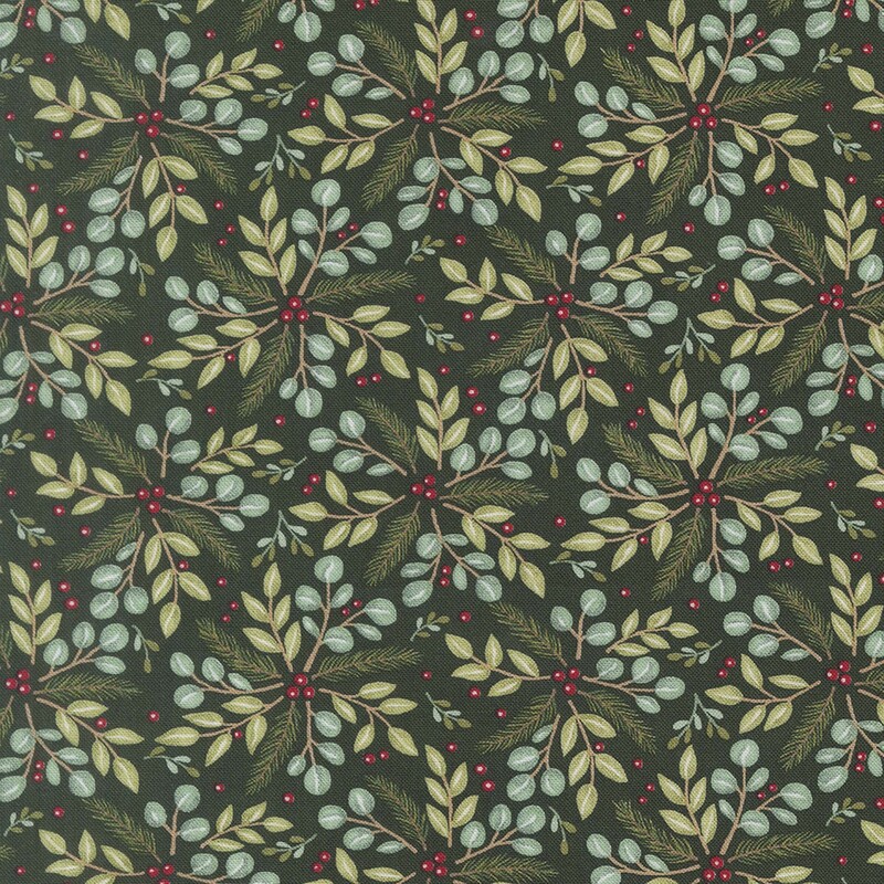 Dark Spruce fabric with red holly berries surrounded by green bursts of leaves and evergreen fronds