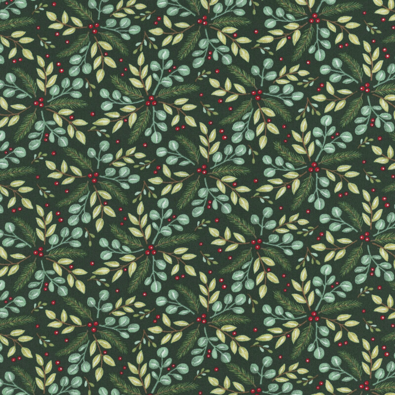 Dark Spruce fabric with red holly berries surrounded by green bursts of leaves and evergreen fronds