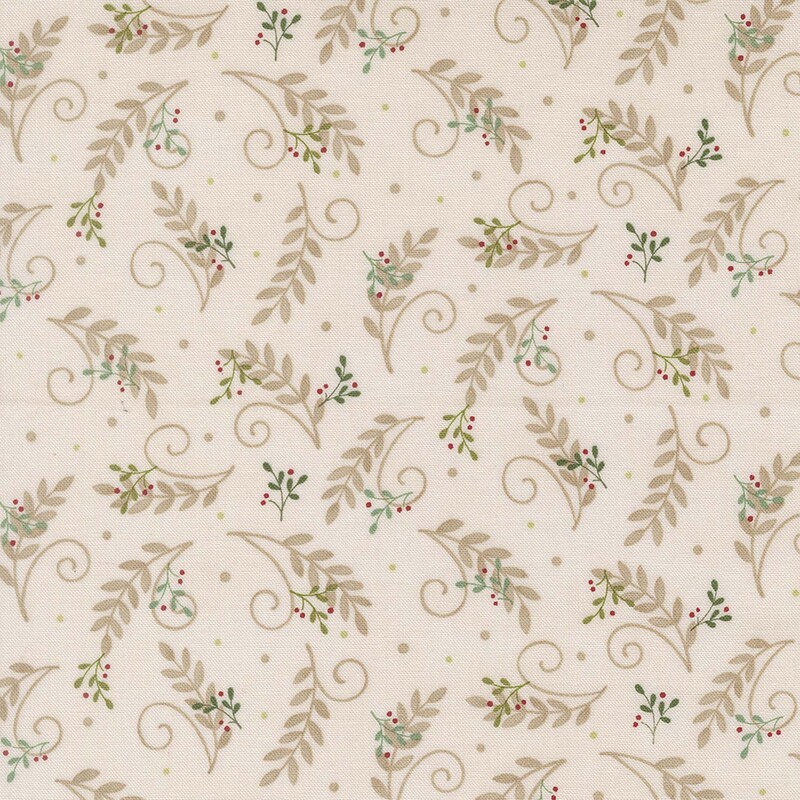 Beige fabric with a tossed pattern of tan leaves and swirls with green holly sprigs and red berries